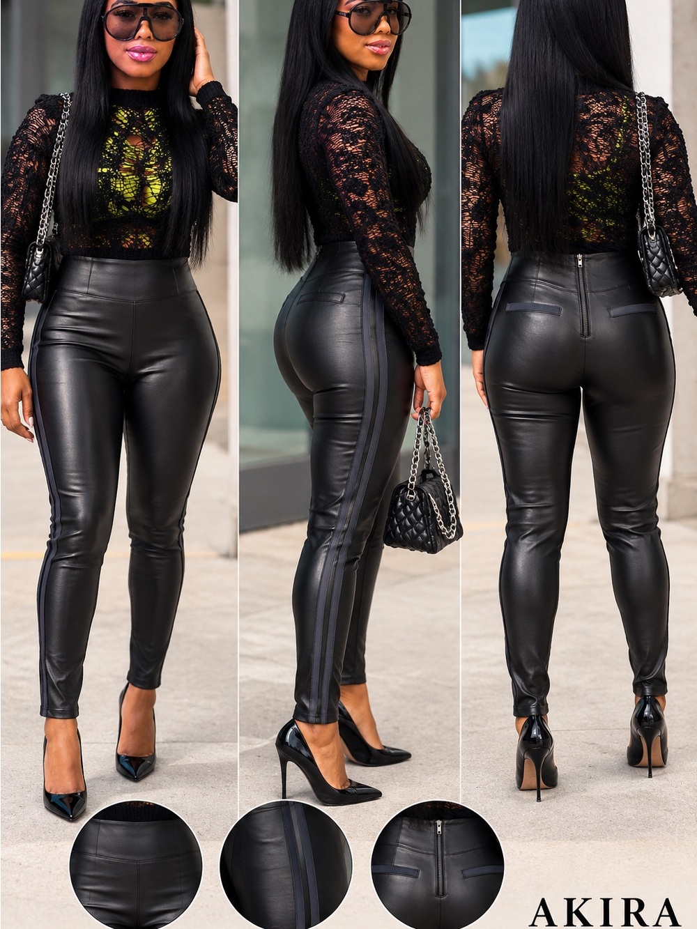AKIRA Black High-Rise Faux Leather Skinny Pants with Side Stripe